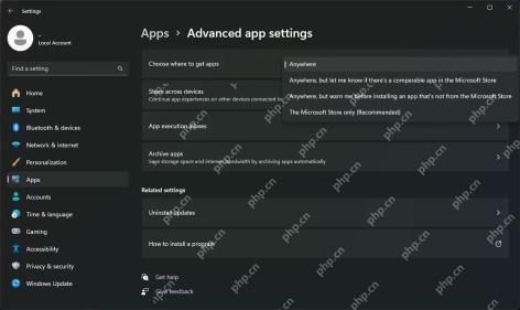 Win11 Choose where to get apps 下拉框用于限制软件安装来源