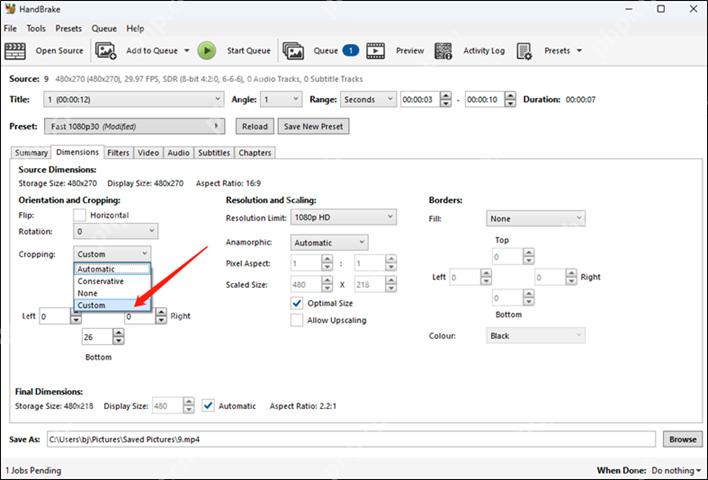 HandBrake Windows尺寸页面选中Custom并填写底部裁切像素的英文操作截图