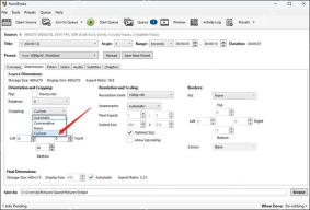 HandBrake Windows尺寸页面选中Custom并填写底部裁切像素的英文操作截图