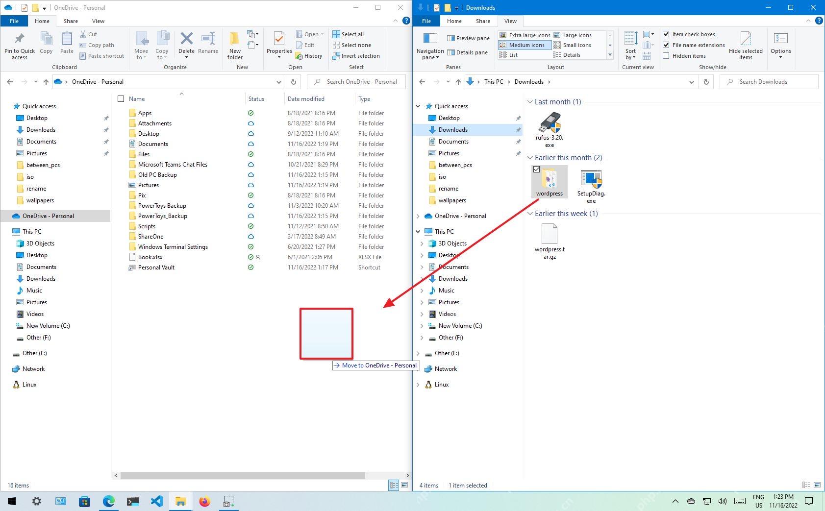 把下载文件夹中的文件拖到 OneDrive - Personal 文件夹开始上传同步