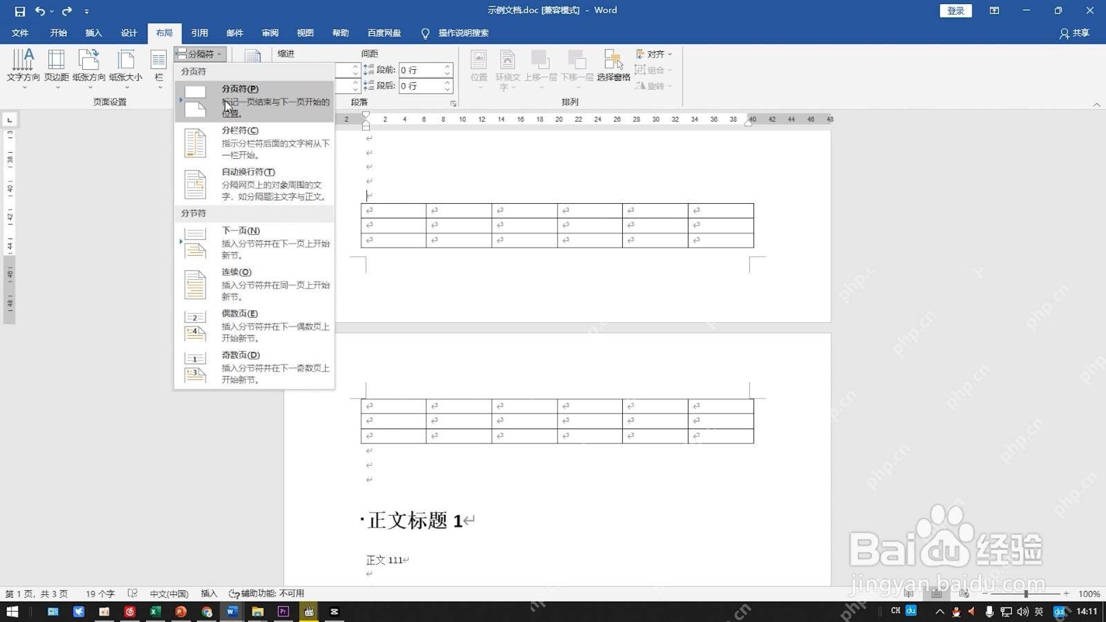 Word 布局选项卡中分隔符菜单展开,显示分页符和分节符选项