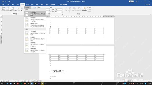 Word 布局选项卡中分隔符菜单展开，显示分页符和分节符选项