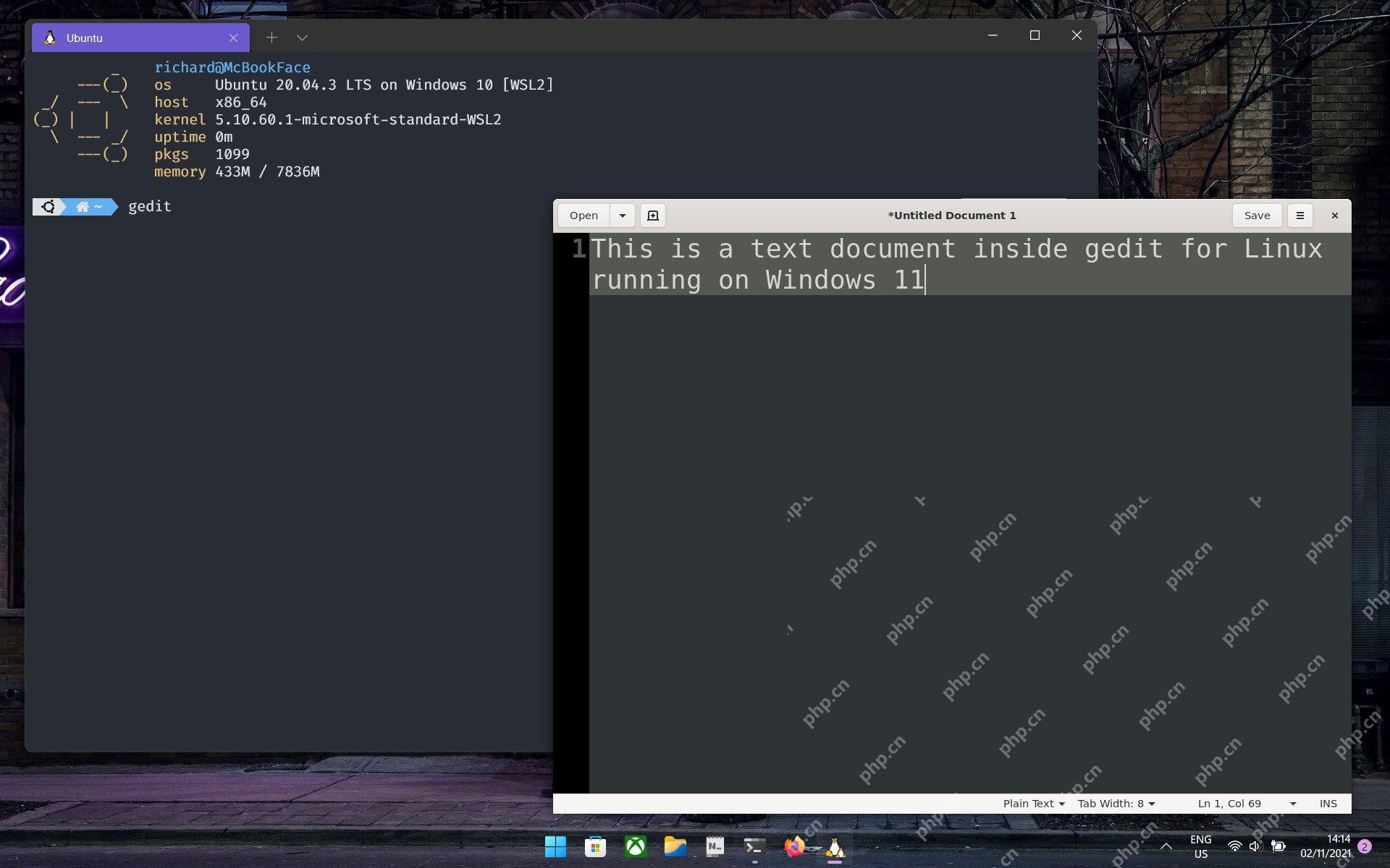 Windows 桌面上并列显示 WSL Ubuntu 终端与 gedit 图形窗口