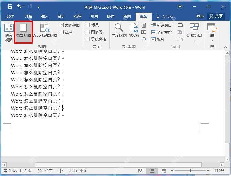 Word 删除分页符后回到页面视图检查空白页已消失和总页数变化