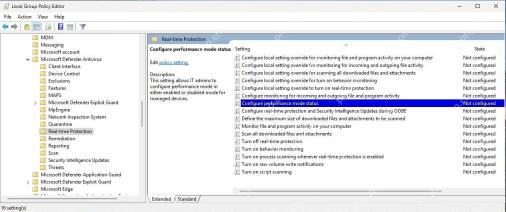 Windows 11 本地组策略编辑器中的 Microsoft Defender Configure performance mode status 策略