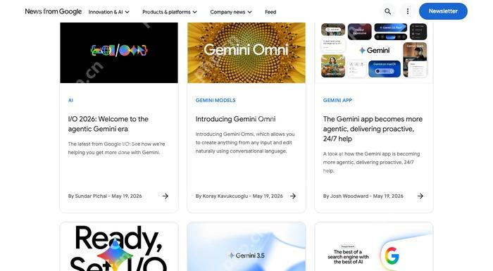 Gemini AI在Google I/O发布Omni和3.5的官方页面截图,证明新闻主体和更新来源