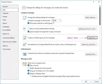 Outlook Options 邮件选项页里的 Signatures 签名按钮