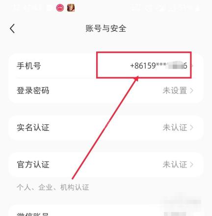 小红书账号与安全页面当前手机号入口,用于开始更换手机号