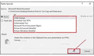PowerPoint 选择性粘贴对话框中选择文本对象或图片格式