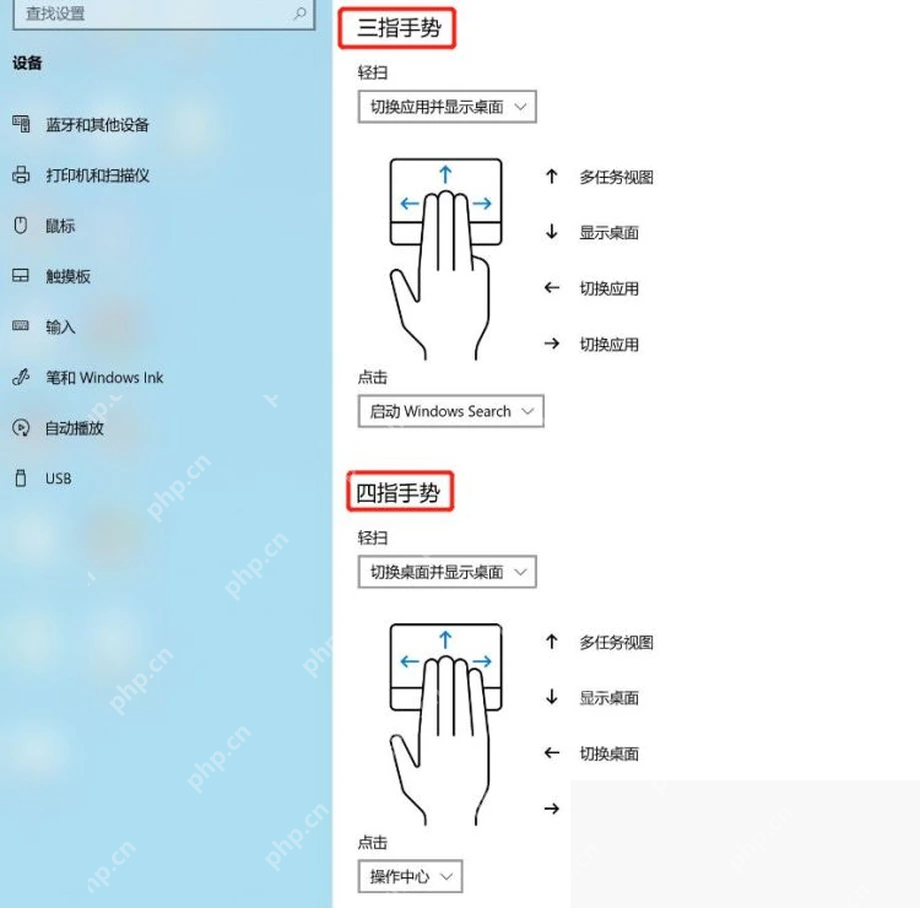 Win11 触摸板三指和四指手势设置页面