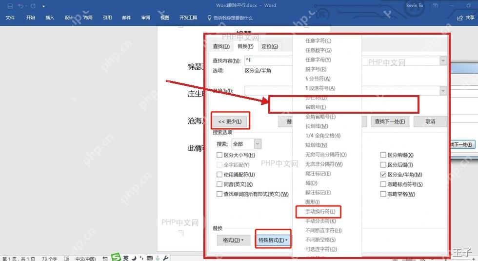 Word 查找替换窗口的特殊格式菜单中选择手动换行符