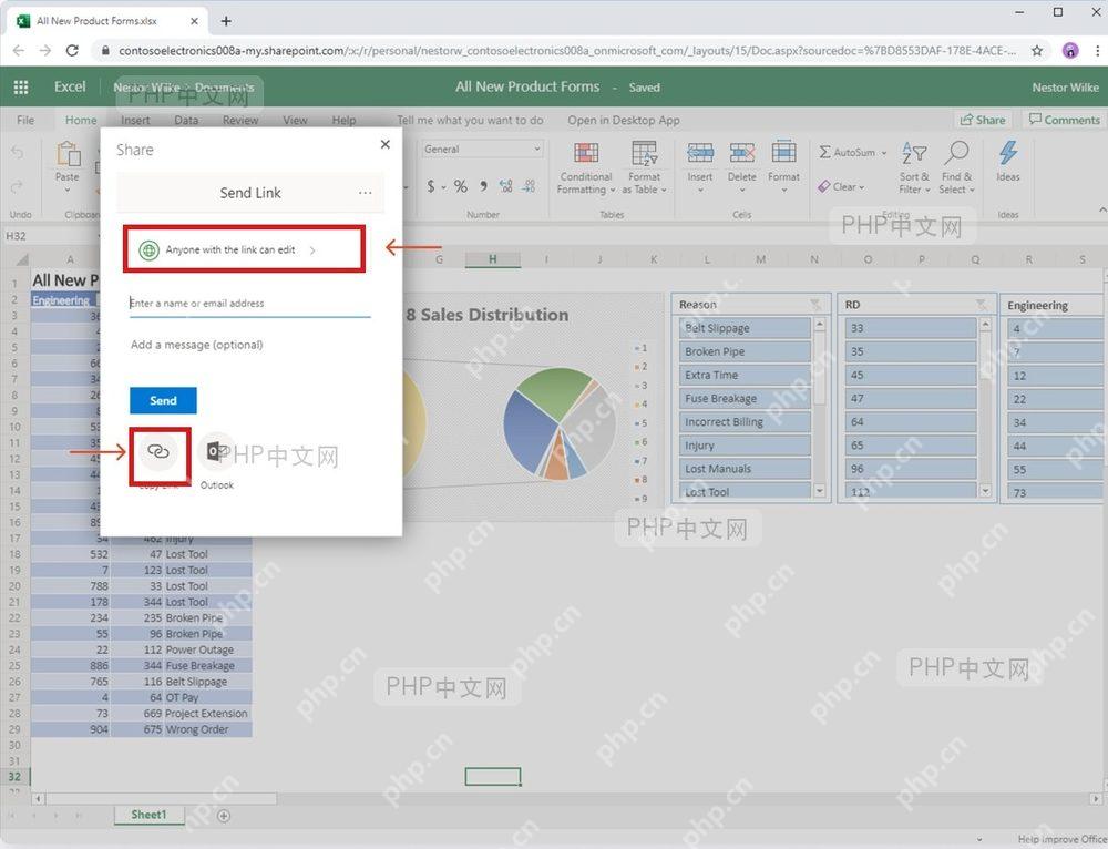 Excel 分享面板中检查链接权限并点击复制链接