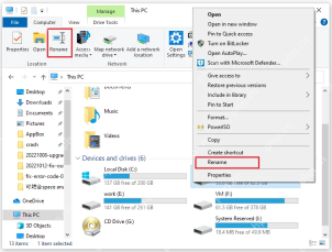Windows 10 此电脑右键磁盘分区选择 Rename 重命名