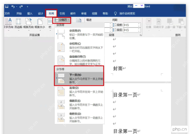 Word布局选项卡中通过分隔符插入下一页分节符