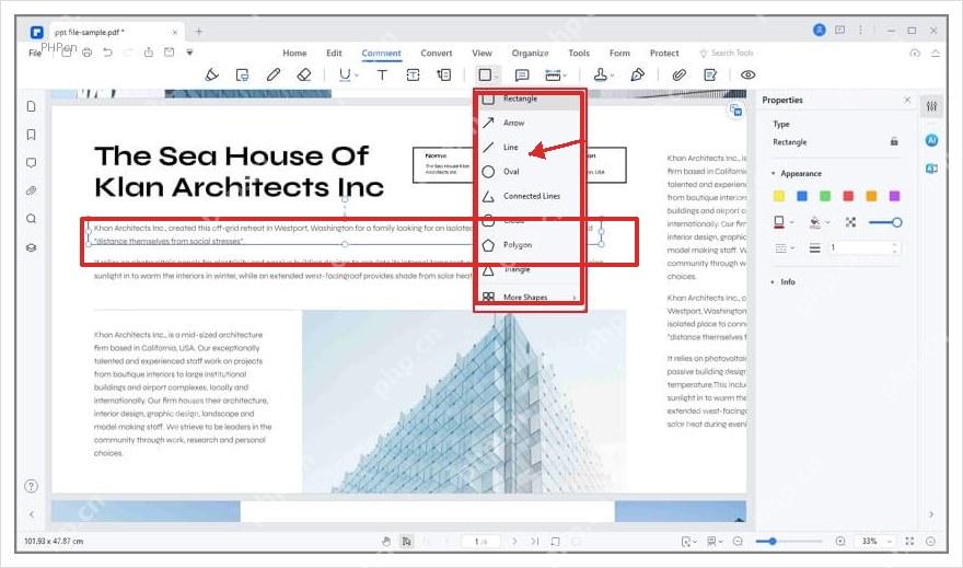 PDF 标注形状菜单展开,矩形和箭头工具可用于圈出页面重点区域