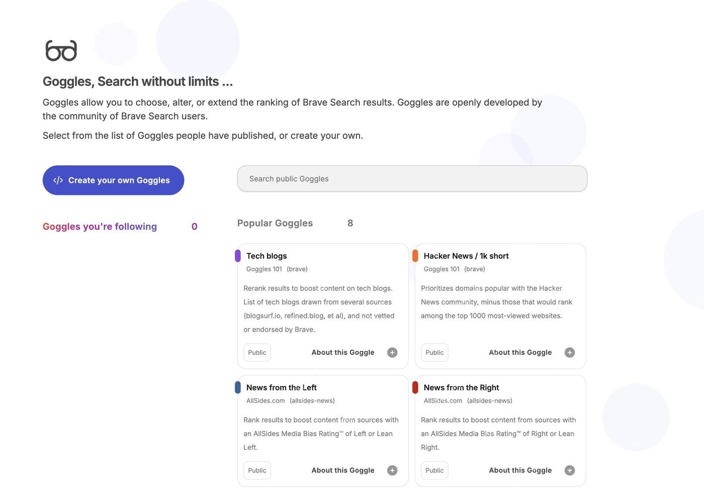 Brave Search 的 Goggles 发现页面