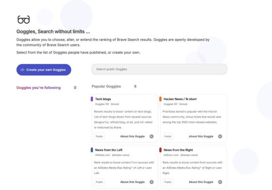 Brave Search 的 Goggles 发现页面