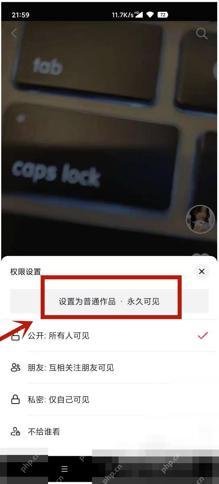 抖音作品权限设置面板,选择可见范围