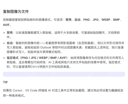 PixPin 官方系统配置页展示复制图像为文件的自动和指定格式选项，证明修复黑边时应把图片改成文件形式的 PNG 或 WEBP 传出去