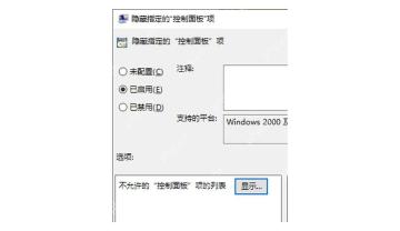 Win11 隐藏指定的控制面板项策略窗口选择已启用并点击显示