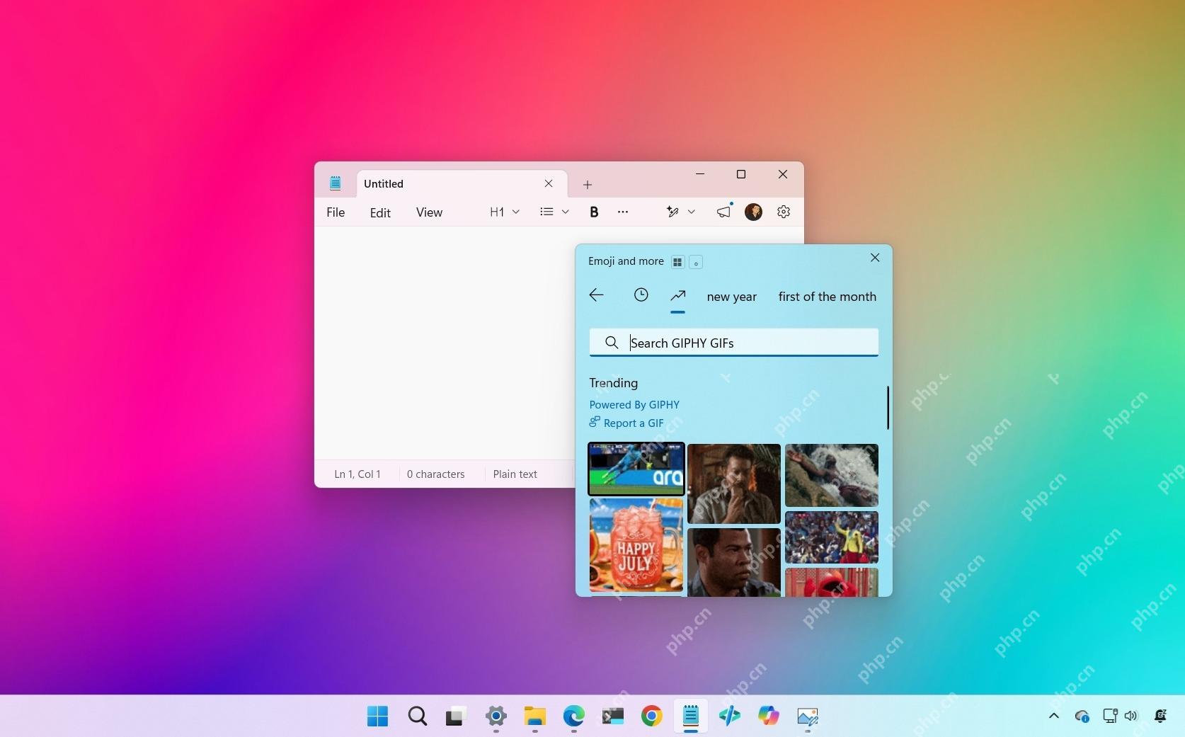 Windows 11 表情面板中的 GIF 搜索结果