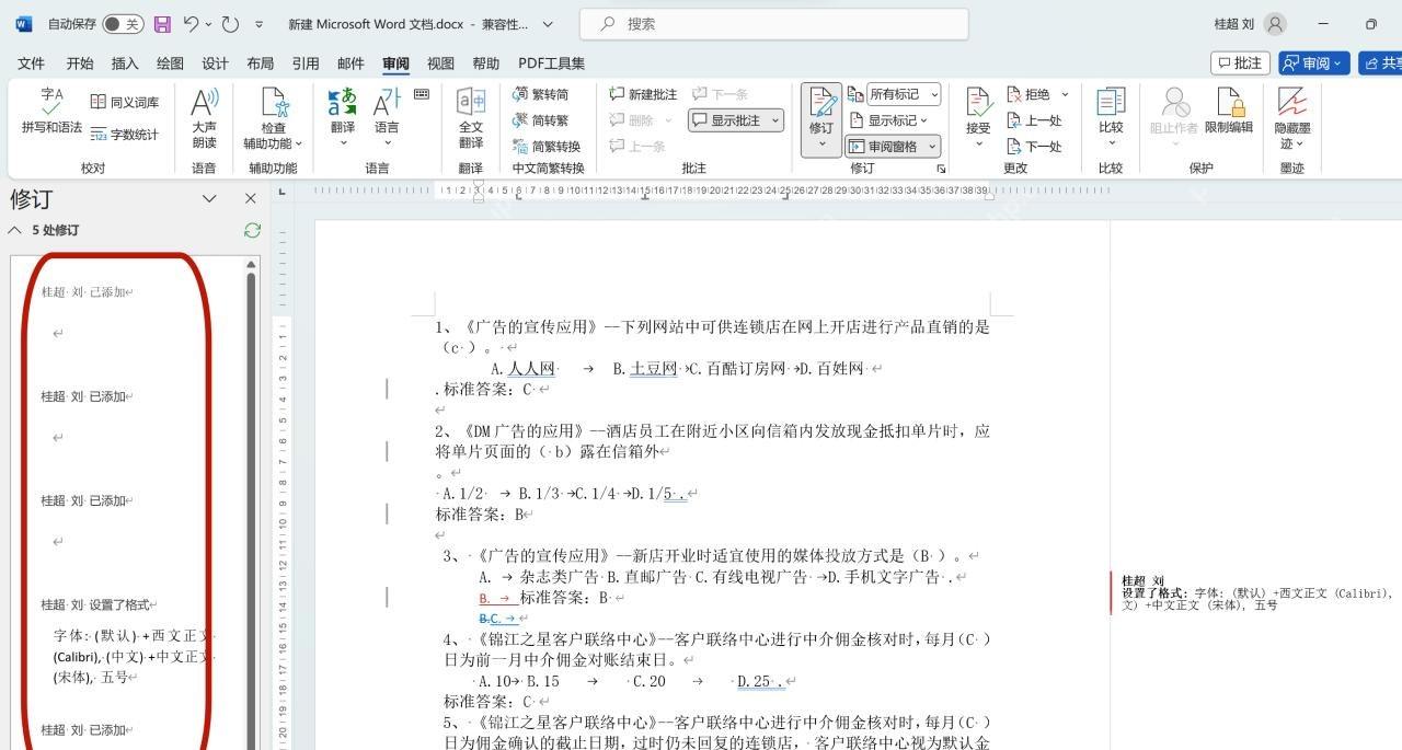 Word 审阅窗格显示修订记录的中文界面