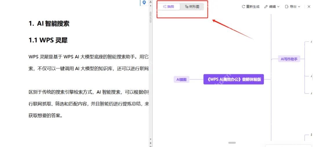 WPS AI 根据文档内容生成脑图视图,用于核对标题层级是否转成节点