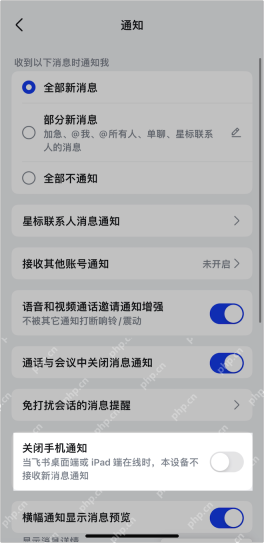 飞书手机端通知页面显示关闭手机通知开关为灰色关闭状态,证明恢复手机端推送的检查步骤