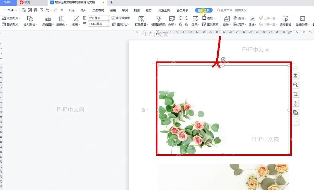 WPS 文字中选中文档图片后出现控制点和图片工具选项卡
