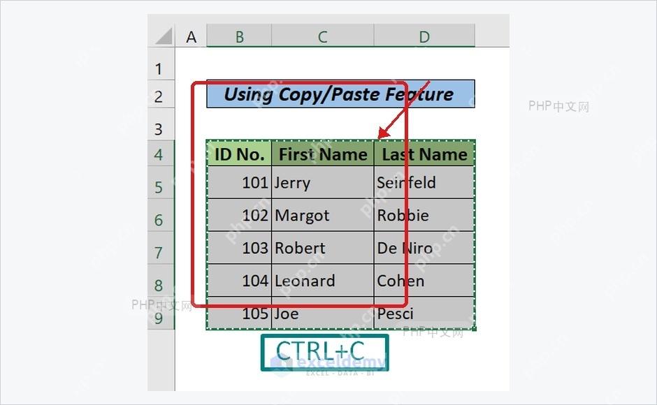 Excel工作表中完整表格区域被选中准备复制