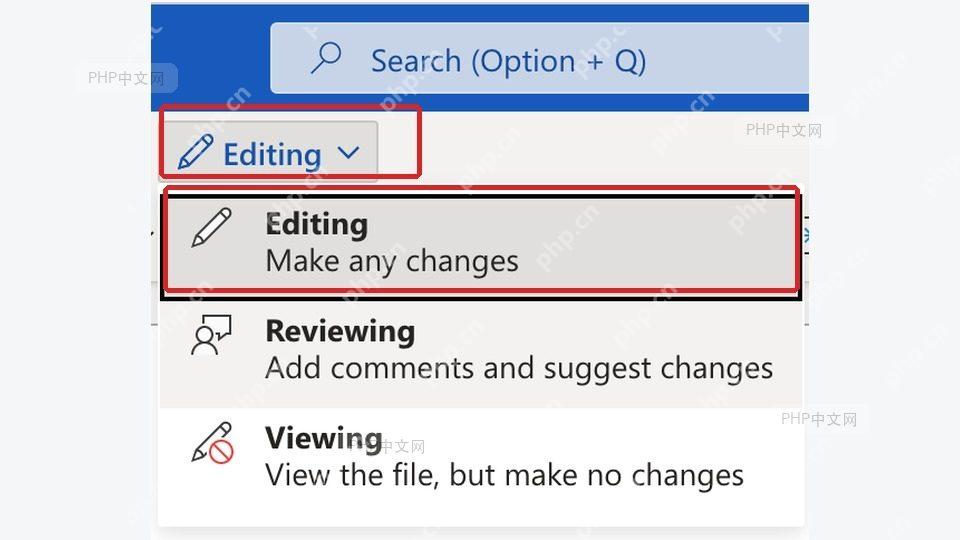 Word 在线界面的 Editing 模式菜单,用于从查看或审阅切回编辑