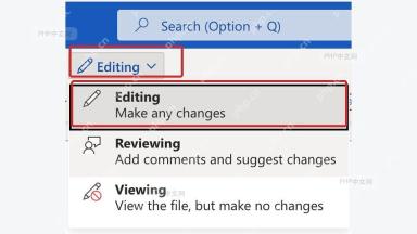 Word 在线界面的 Editing 模式菜单,用于从查看或审阅切回编辑
