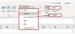 Excel 自动求和下拉菜单中平均值选项被标出