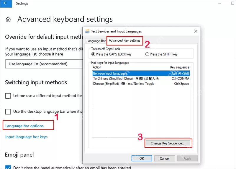 Win10 高级键盘设置中打开语言栏选项
