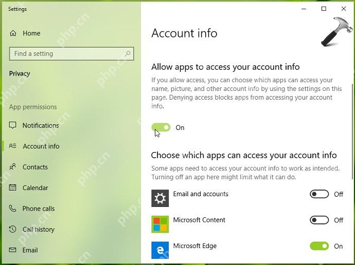 Win10 Account info 页面按应用关闭账户信息访问权限