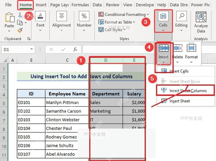 Excel 插入菜单中选择插入工作表列新增空列