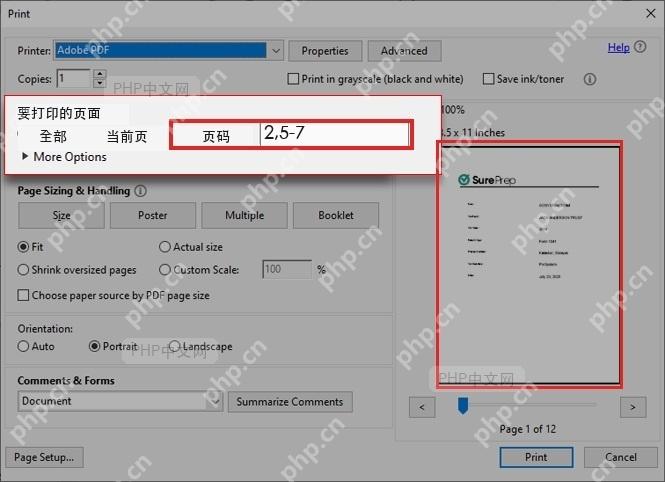 Adobe Acrobat 打印窗口页码框输入 2,5-7 并核对预览服务于打印不连续页面步骤
