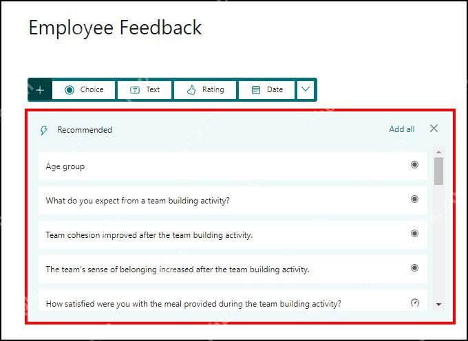 Microsoft Forms员工反馈表单推荐问题界面