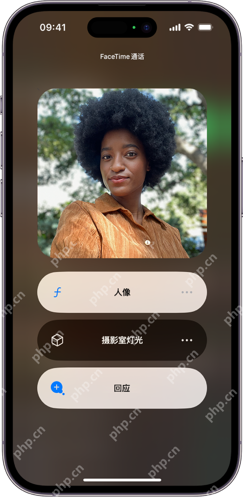 iPhone FaceTime 通话界面中显示人像摄影室灯光和回应等视频效果入口