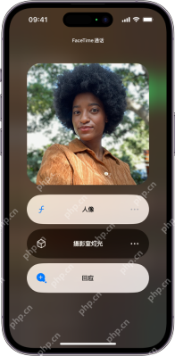 iPhone FaceTime 通话界面中显示人像摄影室灯光和回应等视频效果入口