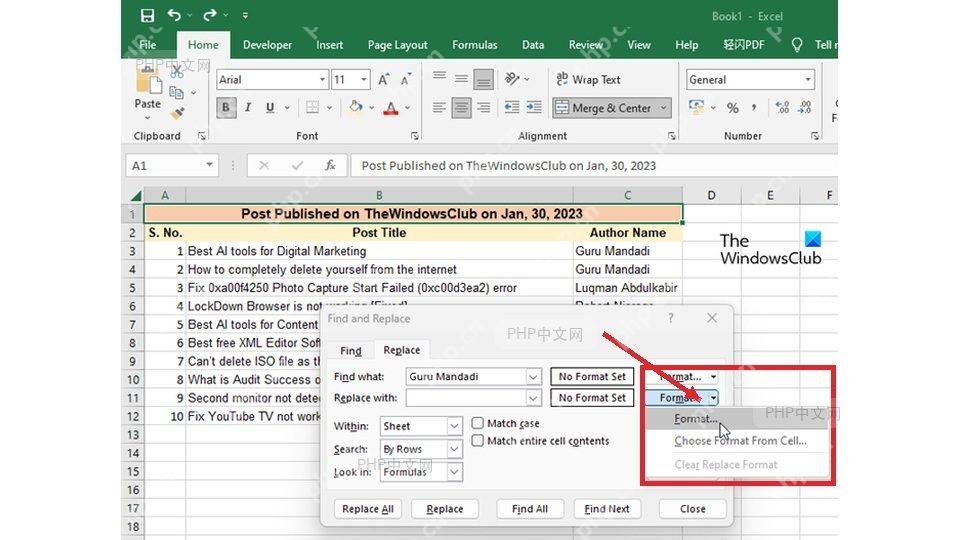 Excel 查找和替换窗口中的全部替换按钮用于第二步批量改文本年份
