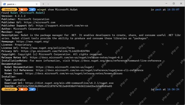 Win11 Windows Terminal 运行 winget show Microsoft.NuGet 显示发布者主页许可和安装器地址