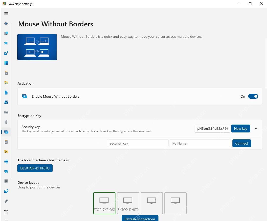 Win11 PowerToys Mouse Without Borders 连接两台电脑后的设备布局