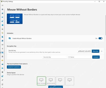Win11 PowerToys Mouse Without Borders 连接两台电脑后的设备布局