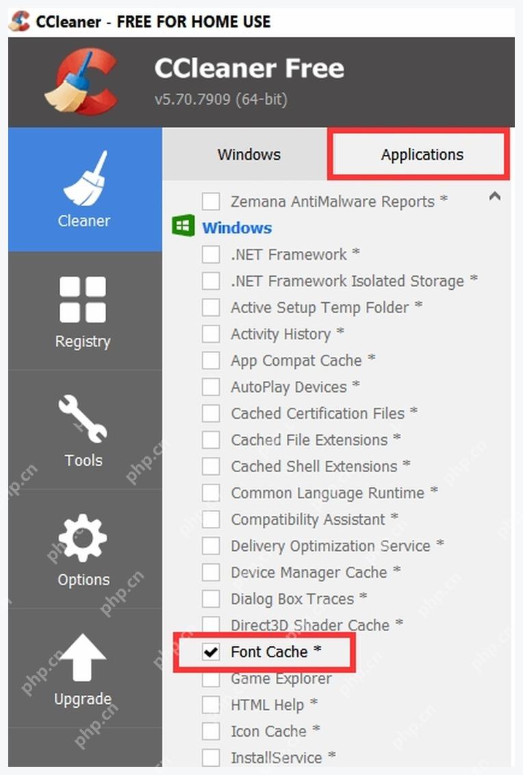CCleaner Windows 电脑端 Advanced 分类中的 Font Cache 勾选项和字体缓存文件列表