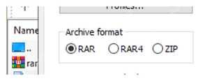 WinRAR 创建窗口显示 RAR、RAR4、ZIP 格式选项,对应先选压缩格式。