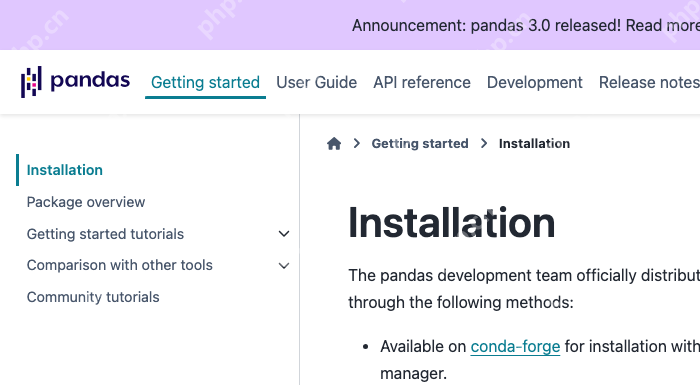 Pandas 官方安装文档展示 Installation 页面和 conda-forge 安装入口