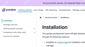 Pandas 官方安装文档展示 Installation 页面和 conda-forge 安装入口