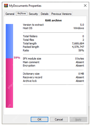 WinRAR 压缩包属性窗口显示压缩包信息和 Encryption 状态,对应确认压缩包是否有加密属性。