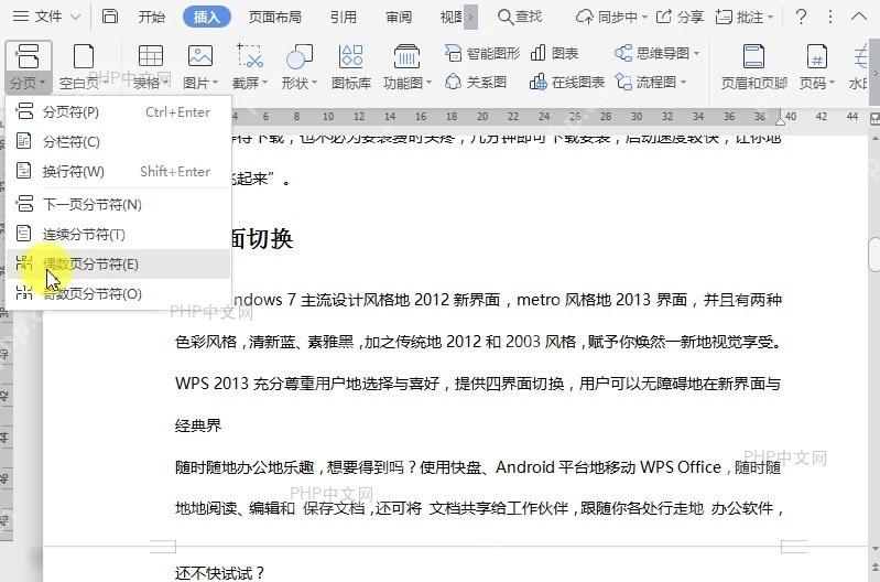 WPS如何在文档中插入连续分节符?设置效果